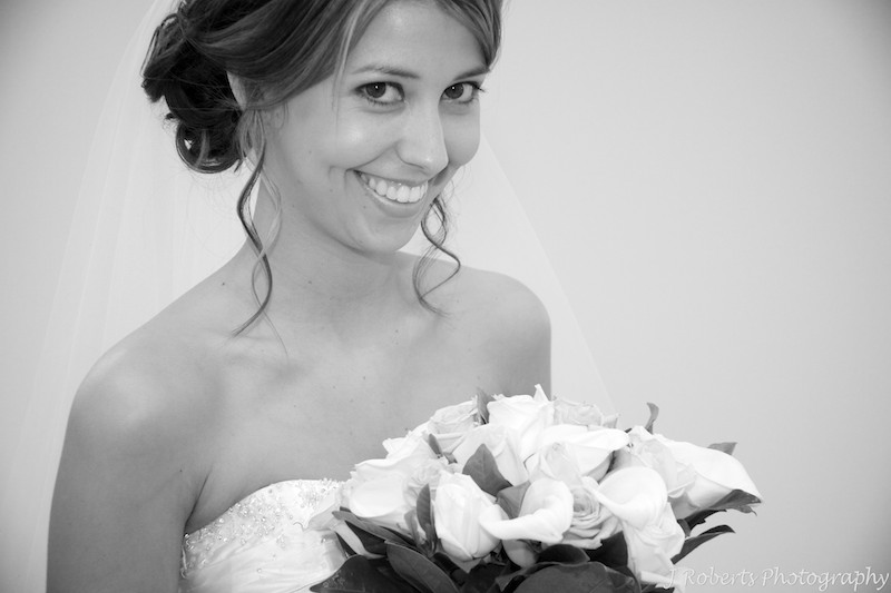 Bride smiling B&W - wedding photography